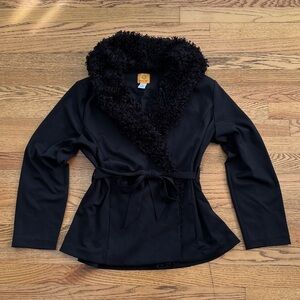 Modern Black Faux Fur Belted Blazer Jacket